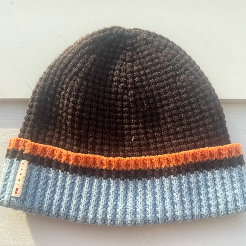 Uniqlo X Marni Popcorn Knitted Beanie Hat - Brown, Blue & Orange Stripe